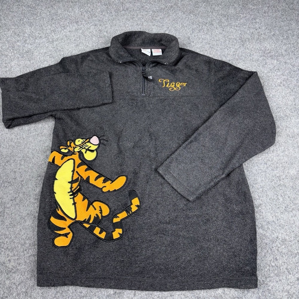 Disney Tigger Jacket Women's Medium Gray 1/4 Fleece Pullover Embroidered Graphic